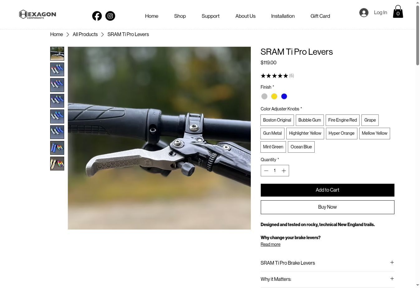Hexagon TI AM lever product page with product gallery and purchase information