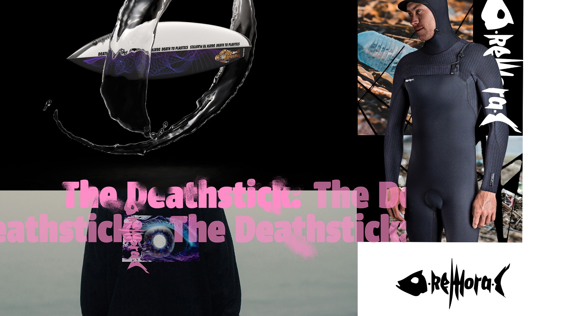 Remora Surf identity with fishbone logo, surfboard and purple apparel