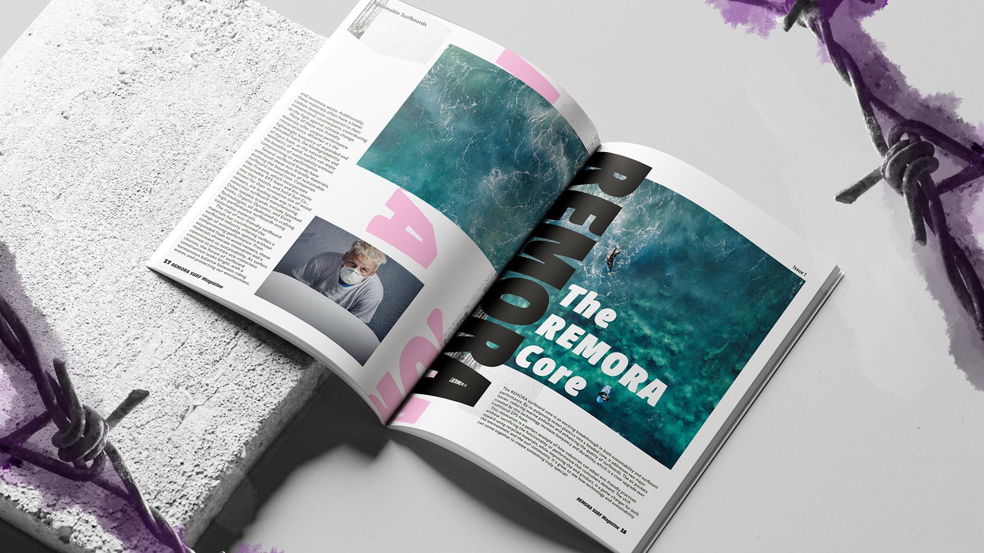 Open Remora editorial spread with ocean imagery and expressive typography