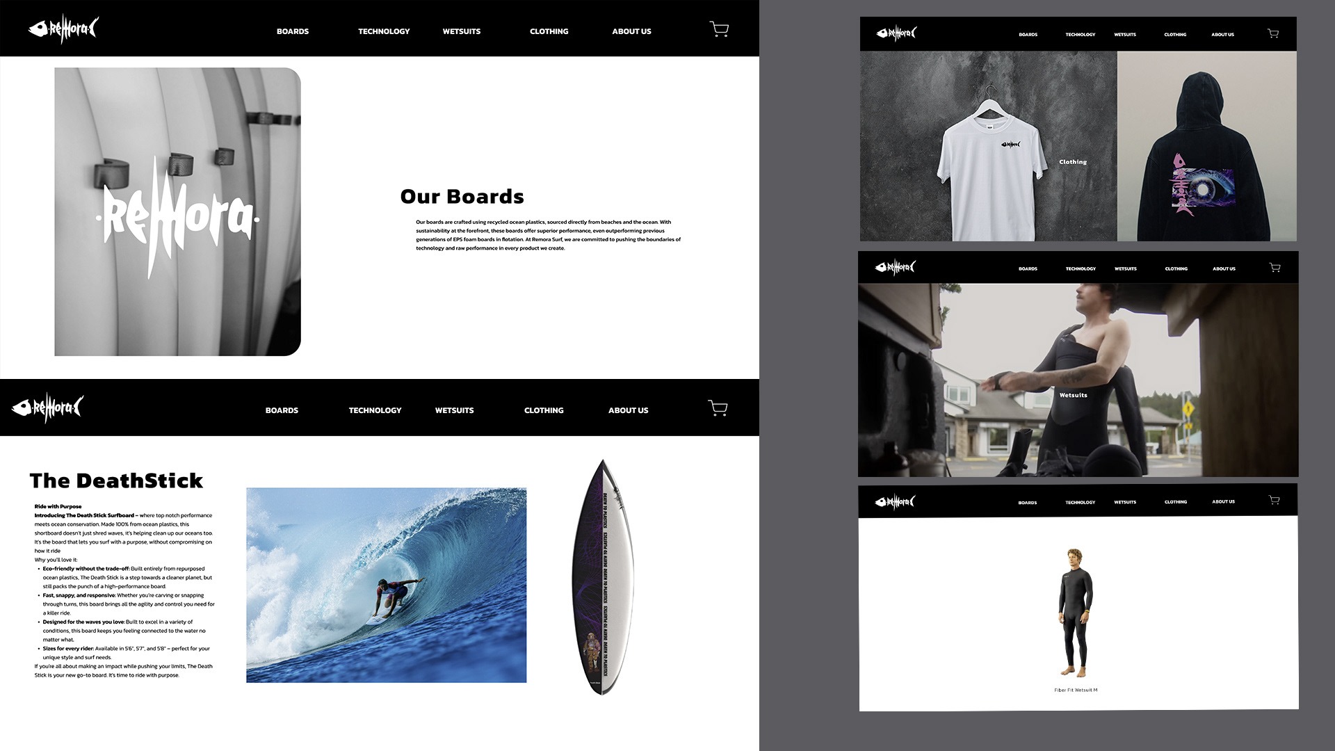 Remora website layouts for surfboards, apparel and wetsuits